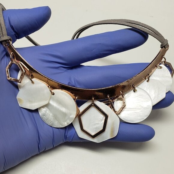 Polished  Rose Gold-tone, shell discs and Leather Statement Necklace - Picture 8 of 8